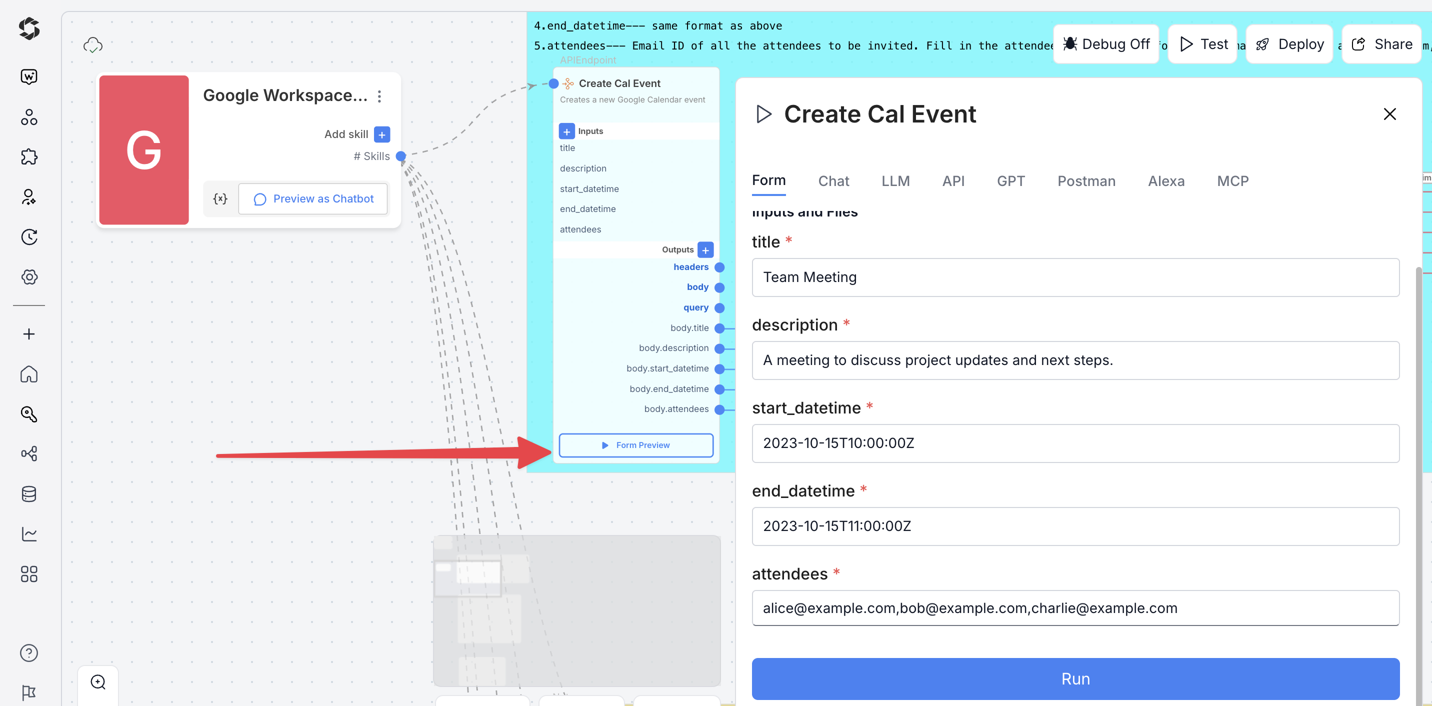 Testing Google Workspace Assistant Agent from Form Preview